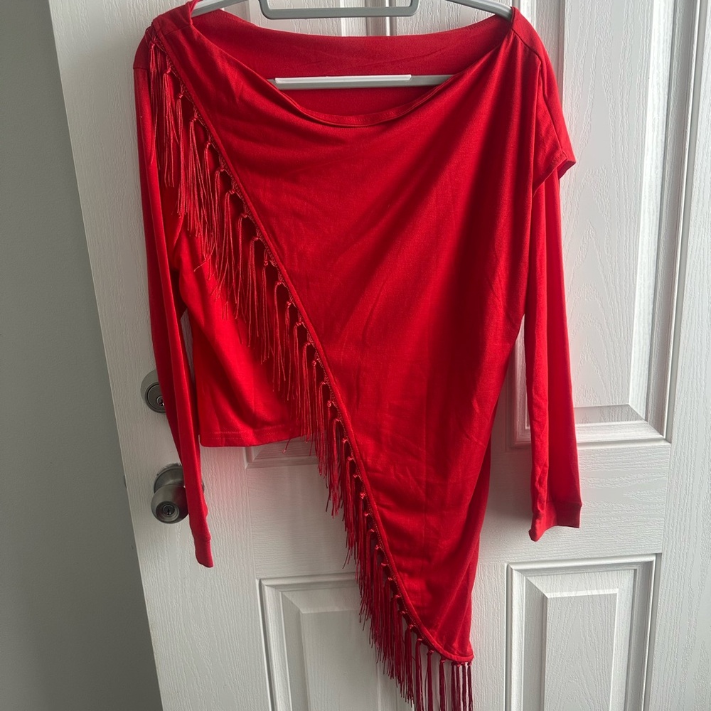 Red Asymmetrical Fringe Top
